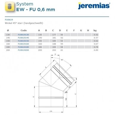 Nerūdijančio plieno dūmtraukio įdėklo alkūnė Jeremias FU19 DN 200 mm, 45° 2