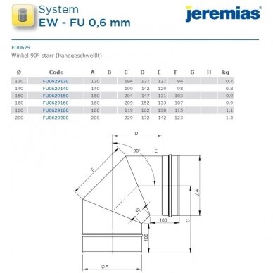 Nerūdijančio plieno dūmtraukio įdėklo alkūnė Jeremias FU29 DN 180 mm, 90° 2