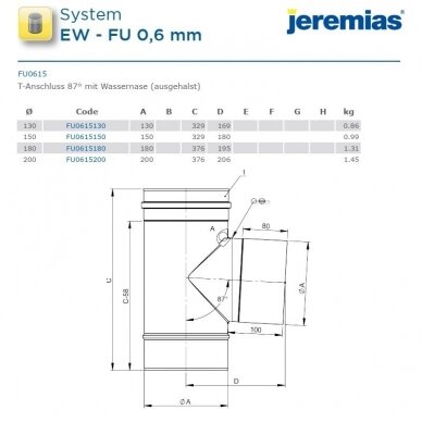 Nerūdijančio plieno dūmtraukio įdėklo trišakis Jeremias FU15 DN 130 mm, 87° 2